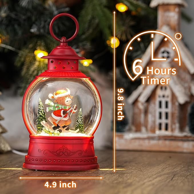 Christmas Snow Globes Skiing Yak Christmas Tree Holiday Music Lantern with Glittering & 6-Hour Timer, USB/Battery Powered Red Holiday Decoration for Desk Display