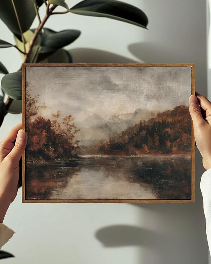 KISSFOX Vintage Autumn Lake Landscape Canvas Wall Art Fall Moody Farmhouse Rustic Country Painting Framed Wall Art Prints Artwork For Living Room Bedroom Kitchen