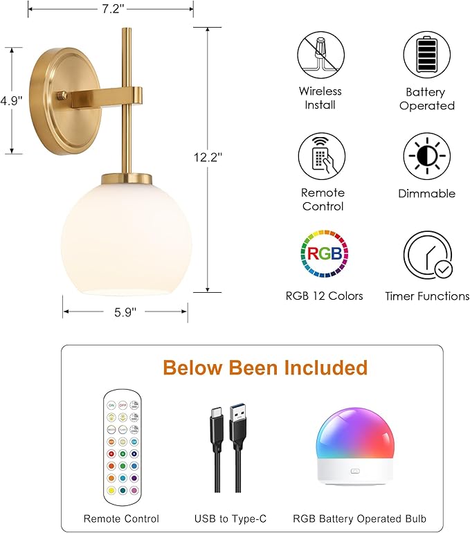 Gold Battery Operated Wall Sconce Set of 2, Wireless Rechargeable Sconces Wall Lighting with Remote Control, LED Dimmable Wall Lights with Opal White Glass Shade, 12 Colors RGB & 3 CCT Bulb