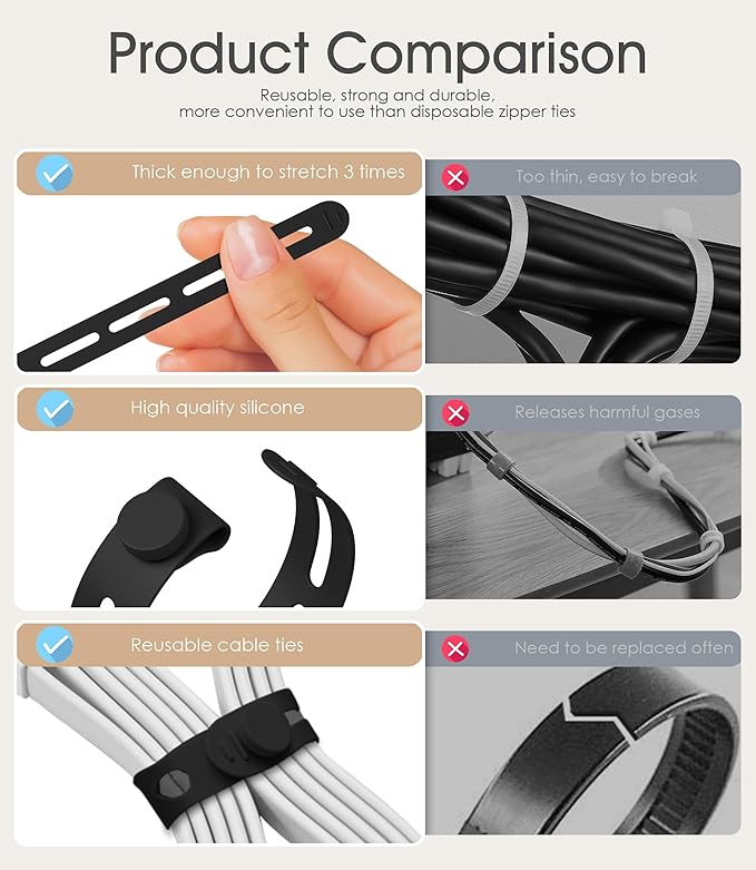 20Pcs Nearockle Silicone Cable Ties, 5.12 Inch Adjustable Cord Organizer Reusable Zip Ties for Charging Cords Earphone Computer Wire, Office Desk Cable Management Travel Accessories(Black)