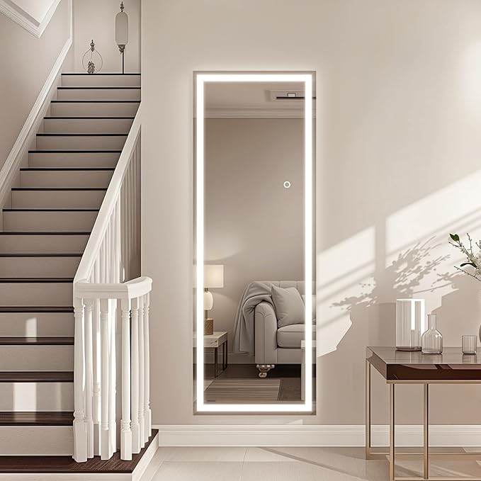 Kosmonia 56"x18" Full Length LED Mirror with Lights, Dimmable Standing/Wall Mirror for Bedroom, Full Body Lighted Floor Mirror, Tempered Glass