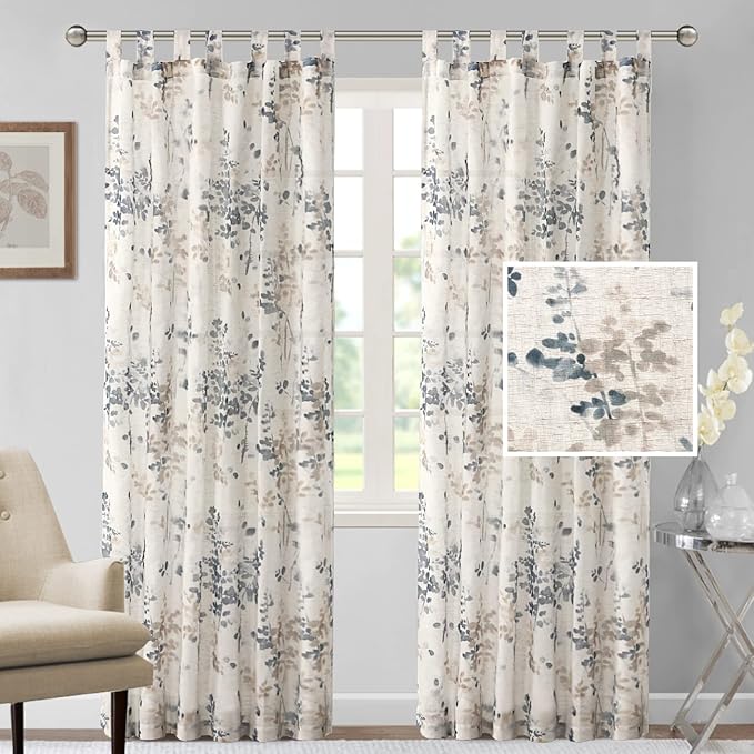H.VERSAILTEX Linen Sheer Curtains for Living Room Sheer Panels 84 Inches Long Light Filtering Tab Top Window Treatment Drapes for Bedroom, 2 Panels, Vintage Classical Floral Print Bluestone and Taupe