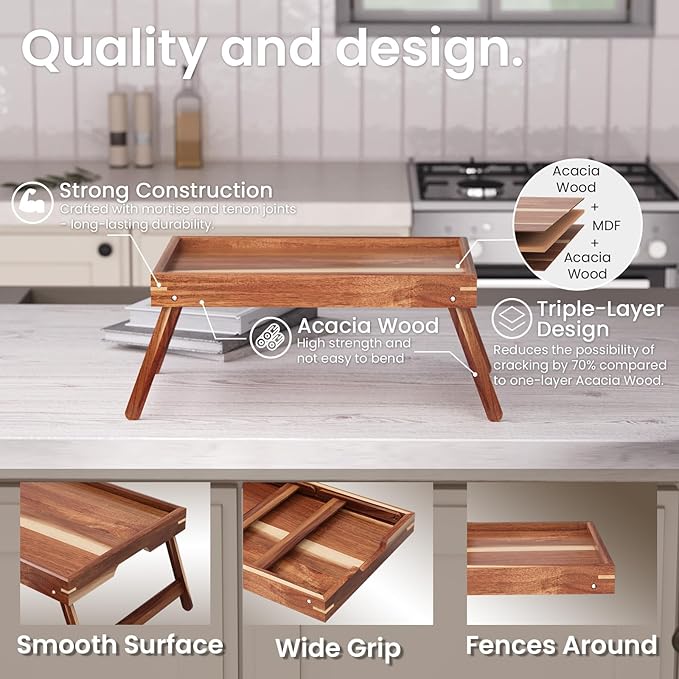 2 Pack Acacia Wood Bed Tray Table with Folding Legs,Breakfast Trays,Serving Tray for Food and Snack,Laptop Trays for Working(Natural)