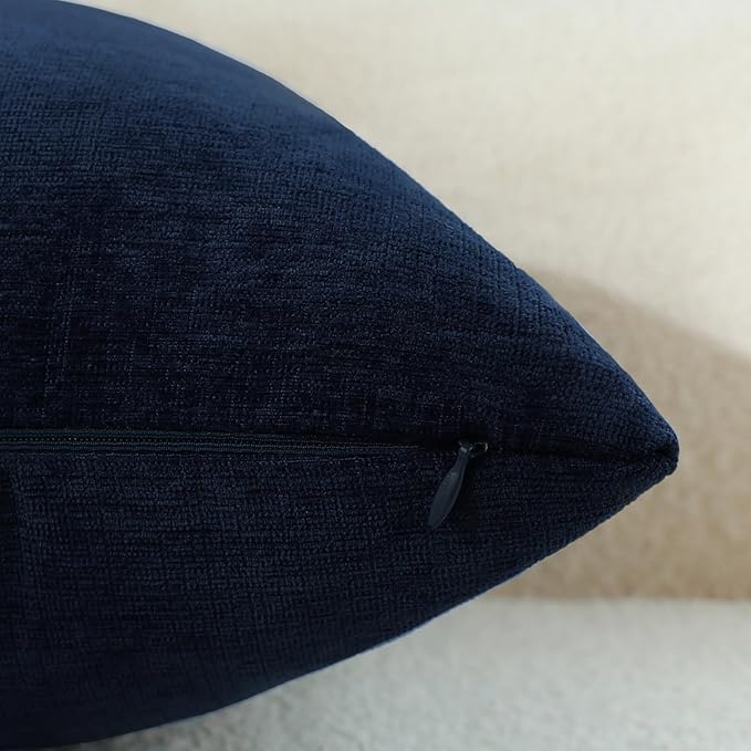 Dark Blue Chenille Decorative Couch Throw Pillow Covers, Soft Cushion Cases for Home Livingroom Sofa Décor, Pack of 2, 20 x 20 Inches
