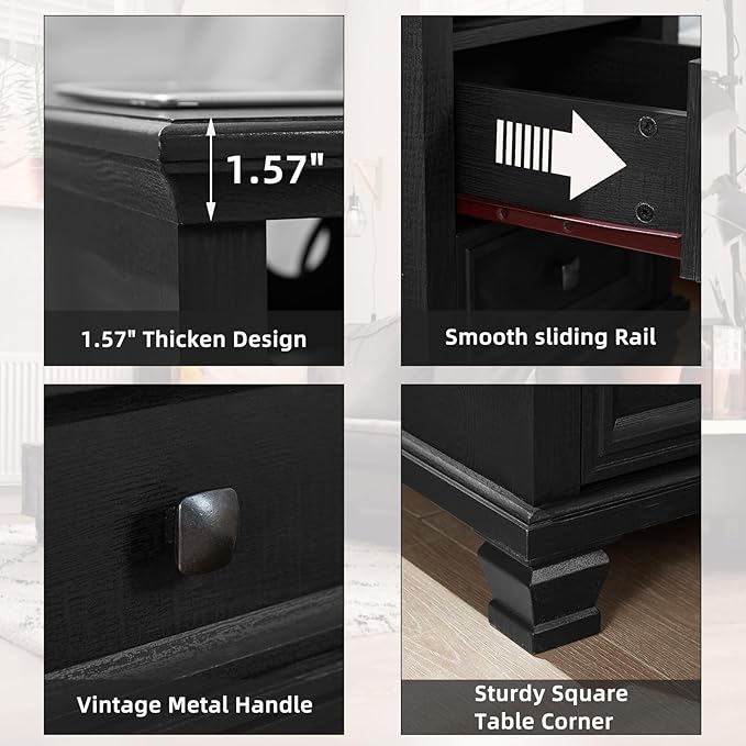 Farmhouse Nightstand Set of 2 with Charging Station, Rustic Black Nightstand,2 Drawers End Table for Living Room,Bedside Table with Open Shelf for Bed Room,Black