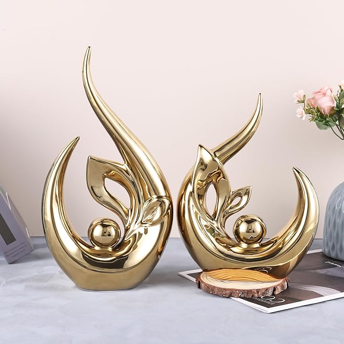 13" H Bright Gold Abstract Sculptures Home Decor, Ceramic Art Statue Cool Stuff to Put on Shelves&tv Stand Decor, Gold Accent Entertainment Center, for Fireplace Coffee Table Dining Table Decorate