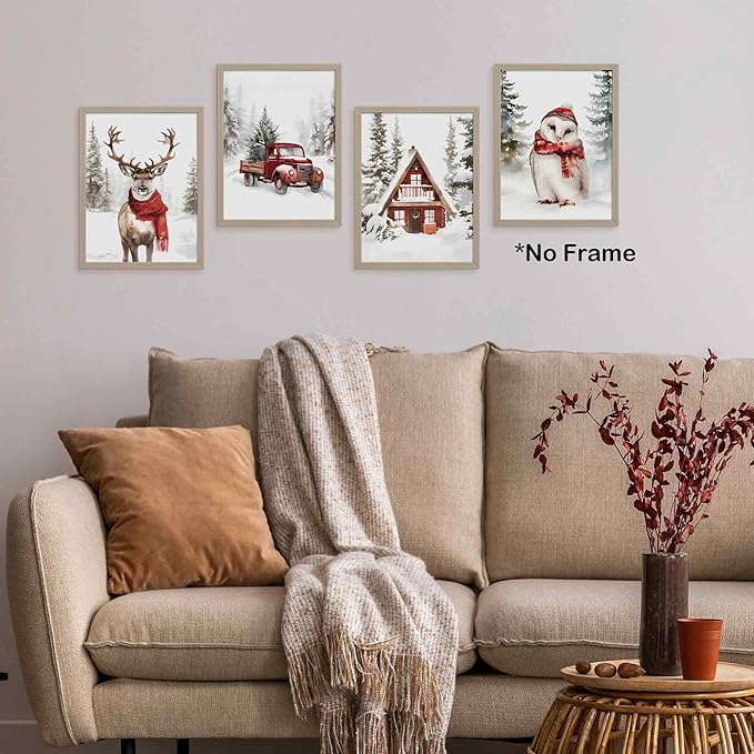 TLESKE Winter Christmas Snowy Woodland Animals Posters Prints Unframed Set of 4, Forest Deer Reindeer Moose Owl with Red Scarf Wall Art Prints Decor for Nursery Bedroom, Christmas Pine Trees Wall Pictures, 12x16