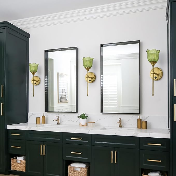 Modern Wall Sconces with Green Flower Glass Shade 1 Pack, Mid Century Bathroom Vanity Wall Light Fixtures Gold Vintage Wall Lights with Switch for Mirror Bedroom Living Room