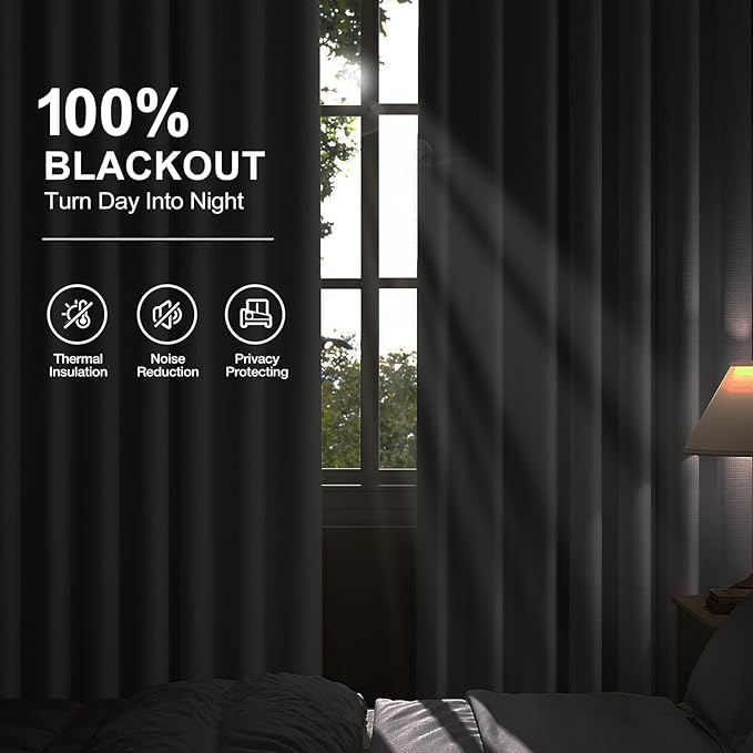 100% Blackout Curtains for Bedroom 90 inch Length 2 Panels Set, Farmhouse Linen Textured Full Light Blocking Room Darkening Thermal Insulated Drapes for Living Room (W52xL90, White)