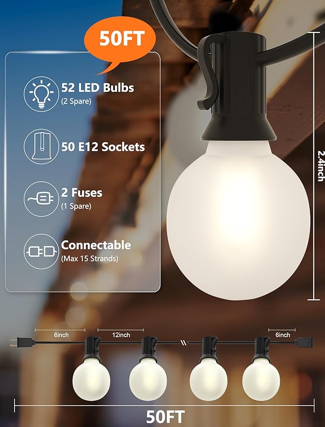 SUNSGNE G40 Outdoor String Lights Waterproof, 50FT Outdoor Hanging Lights with 52 Globe Frosted White LED Bulbs(2 Spare) for Outside Patio Tent Porch Garden Backyard Balcony Deck Decor