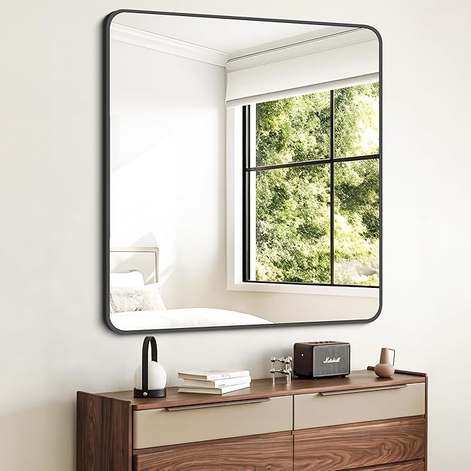 FORBATH Bathroom Mirror 36" x 36",Large Square Wall Mirror with Black Aluminum Frame Rounded Corner, Wall Mounted Mirror for Bathroom Bedroom Entryway Living Room