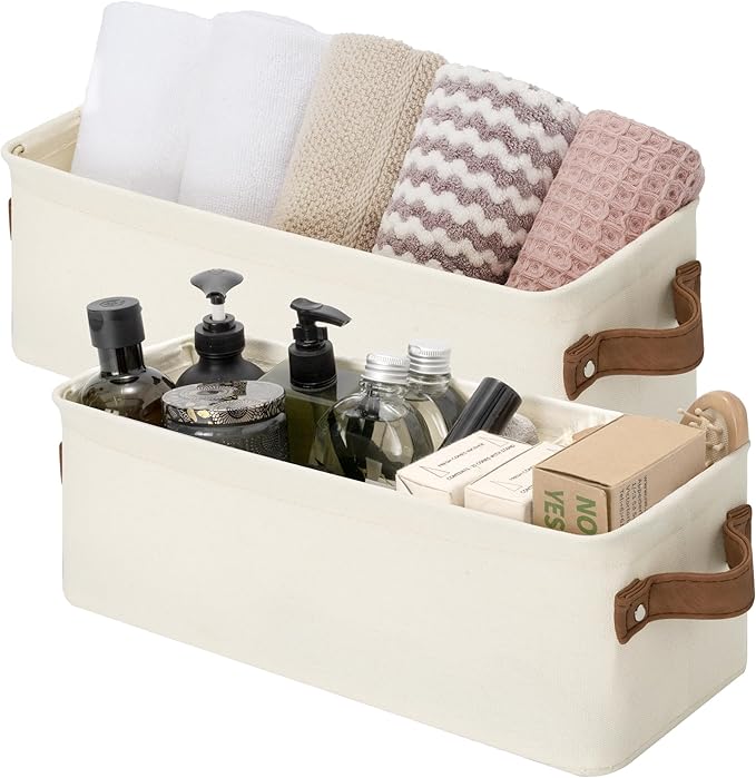 StorageWorks Narrow Storage Bins, Small Basket for Closet and Shelves, Fabric Organizer with Handles, Toilet Paper Storage, Natural Color, 2-Pack