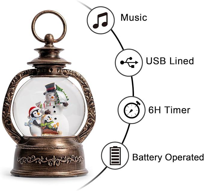 Musical Snow Globe Lantern Lighted Snowman with Penguins Christmas Snow Water Lantern Swirling Glittering Home Decoration and Gift, Battery Operated or USB Powered