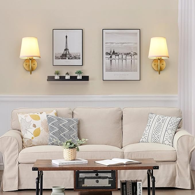 Wall Sconce Set of 2, Gold Bathroom Vanity Sconces Wall Lighting, Indoor Wall Lights with Light Beige Fabric Shades, Wall Mounted Lamps for Bedroom Living Room Hallway