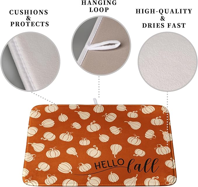 Hello Fall Drying Mat for Kitchen Counter Autumn Orange Pumpkin Dry Dish Mat Thanksgiving Absorbent Microfiber Dish Draining Washable Dish Drainer Rack Mat Large 18x24 Inch