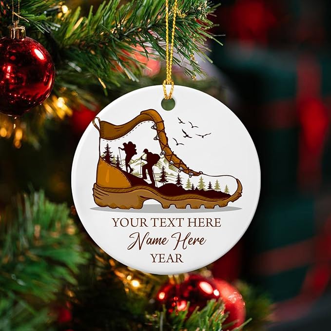 Hiking Boot Ceramic Ornaments, Personalized for Men Women, Hiking Adventure Xmas Ornament Gift for Hikers, Custom Hiker Ornament Christmas Tree with Name, Hiking Nature Lover Gifts