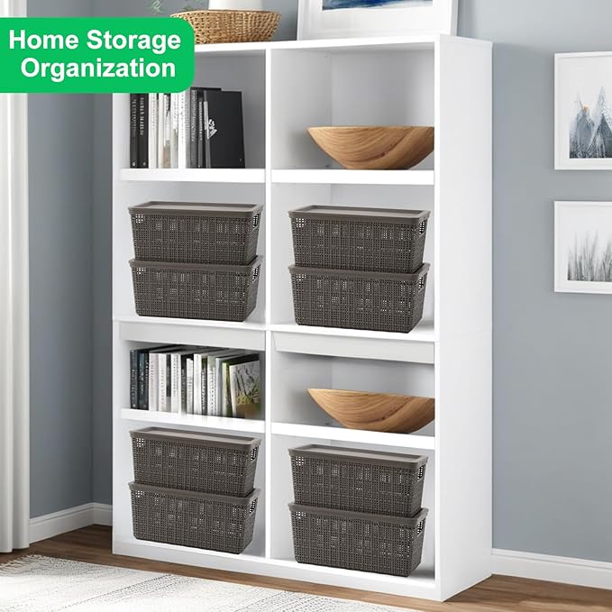 6 Pack Plastic Storage Baskets With Lids,Grey Breathable Stackable Storage Bins,Small Storage Containers,for Organizing Storage Baskets on Desktops,Closets,Playrooms,Classrooms,Offices