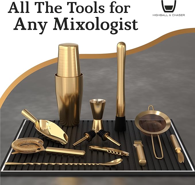 Highball & Chaser Bartender Kit with Black Bamboo Stand Beautiful Cocktail Shaker Set and Bar Tools Stainless Steel Boston Shaker Bartender Kit with Stand (Antique Gold)