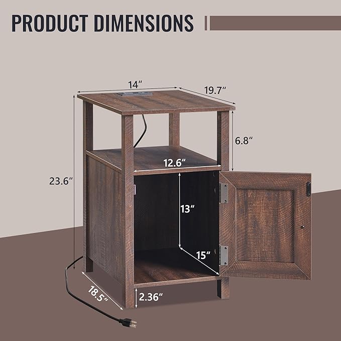 Farmhouse Nightstands Set of 2, Narrow Bedside Table with Charging Station, Night Stand Set 2 with Storage & Open Shelf, End Tables w/Groove Barn Door for Bedroom, Living Room-Brown