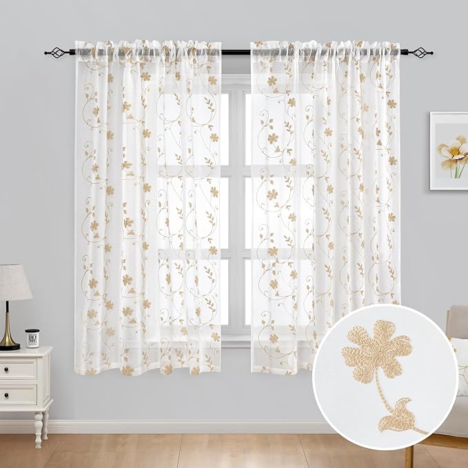 HOMEIDEAS Yellow Sheer Curtains 63 Inch Length 2 Panels Yellow and White Embroidered Floral Pattern Semi Sheer Window Curtains for Bedroom Living Room