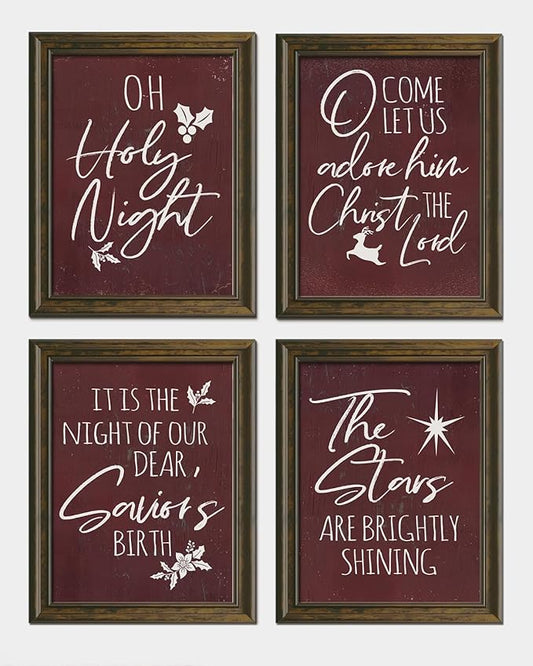 Wheatwin Vintage Christmas Wall Art Prints Set of 4, O Holy Night Sign, Christian Rustic Christmas Red Xmas Religious Decor for Bathroom Farmhouse Living Room Bedroom, 12x16 (Unframed)