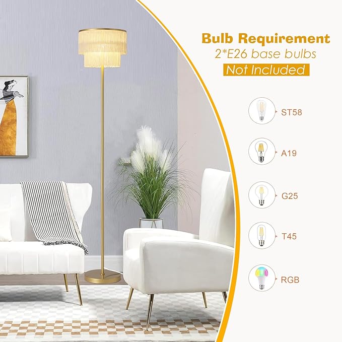 2 Light Gold Boho Floor Lamp with 2-Tier Tassels/Fringe Lampshade,66" Tall Mid Century Standing Bedroom Lamp,Soft Lighting Nursery Floor Lamp for Bedroom Livingroom