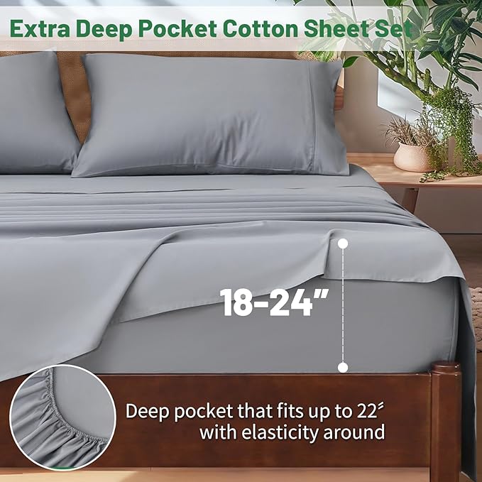 Extra Deep Pocket King Sheets 18-24 Inch 100% Egyptian Cotton 1000 Thread Count Sateen Weave Soft Breathable 4 Pieces(King,Grey)