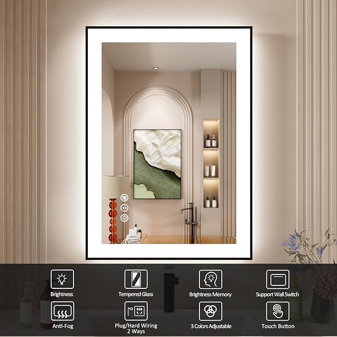 20x28 Inch LED Bathroom Mirror with Black Frame, Backlit and Front Lighted Bathroom Mirrors for Wall, Anti-Fog, Dimmable, Memory, Shatterproof, LED Vanity Mirror for Bathroom