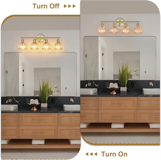 Vintage Bathroom Light Fixtures,4-Light Hardwired Vanity Lights Over Mirror,Gold Wall Sconces with Amber Tulip Glass Shade for Bathroom Living Room,E26 Socket(Bulbs Not Included)