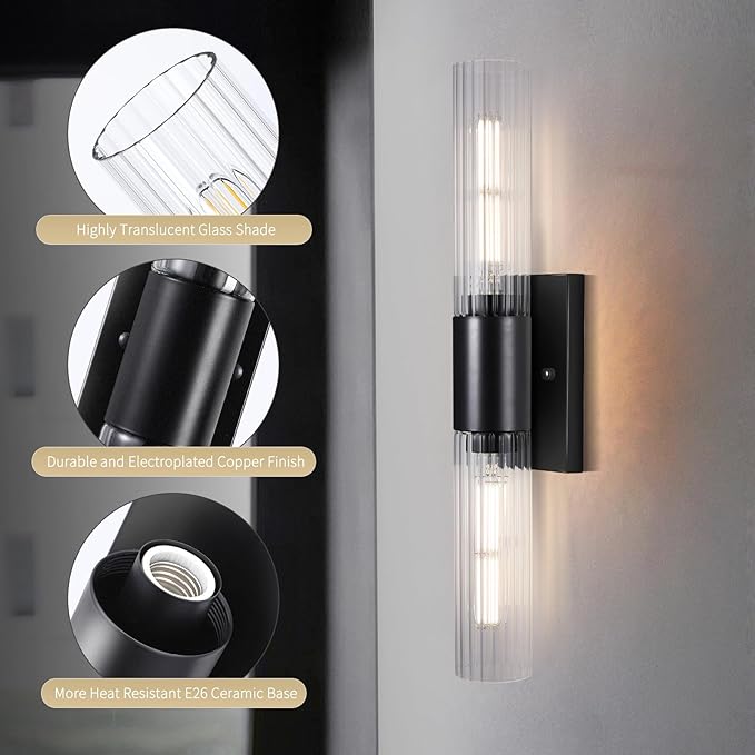Wall Sconces Set of Two - Black Bathroom Sconces Wall Lighting with Threaded Glass Wall Lighting Fixtures Mounted Lamps for Bedroom, Bathroom, Living Room, Hallway (Black Water Pattern)