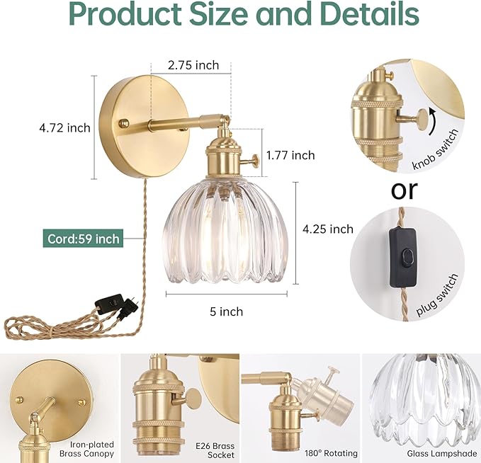 Plug in Wall Sconce, Cute Transparent Tulip Glass Lampshade Wall Light Plugin Corded for Bedside Bedroom Doorway