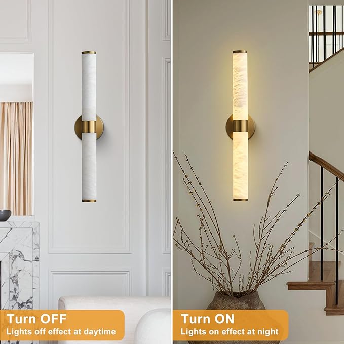 Alabaster Wall Sconce, 24" Natural Spanish Marble Wall Sconce, Modern Gold Alabaster Sconces Wall Lighting, Brass Bathroom Vanity Sconces Wall Lights for Living Room, Bedroom, Hallway, Stairs