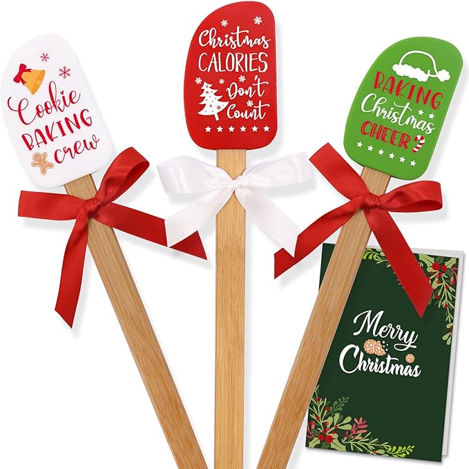 3PCS Christmas Silicone Spatula Set Decor Baking Gifts for Mom Flipping cake Food Grade Heat Resistant Kitchen Utensil Cooking Mixing Festival Wooden Handle and Ribbon Bows with greeting card present