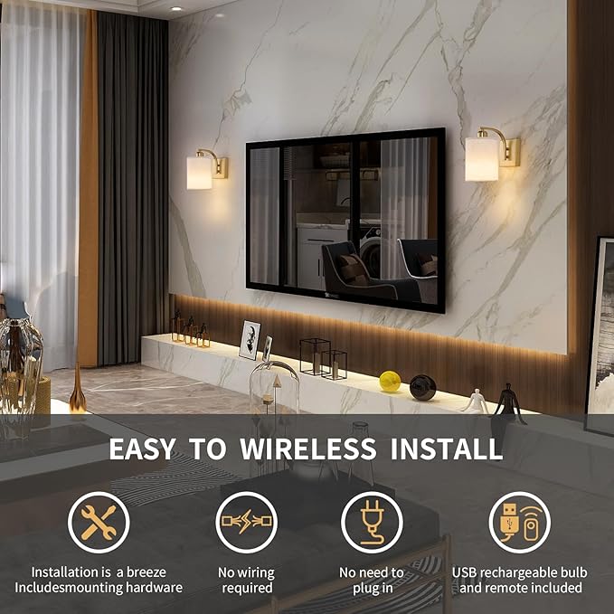 Gold Rechargeable Battery Operated Wall Sconces Set of 2 with Remote, Wireless Dimmable Battery Powered LED Wall Lights, Cordless Wall Lighting Lamp Fixture for Bedroom Living Room