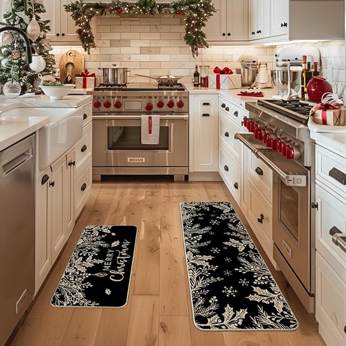 Artoid Mode Black Holly Pine Branches Merry Christmas Kitchen Mats Set of 2, Winter Decor Low-Profile Kitchen Rugs for Floor - 17x29 and 17x47 Inch