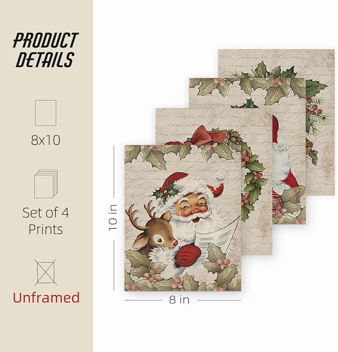 ETVISO Vintage Christmas Wall Art Prints Set of 4, Retro Christmas Garland Poster, Winter Holidays Gift Print Decor for Gallery, Living Room, Bathroom, 8x10 (Unframed)