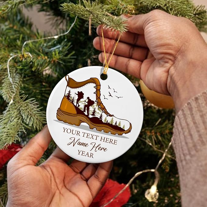 Hiking Boot Ceramic Ornaments, Personalized for Men Women, Hiking Adventure Xmas Ornament Gift for Hikers, Custom Hiker Ornament Christmas Tree with Name, Hiking Nature Lover Gifts