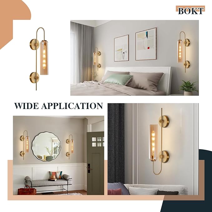 BOKT 1 Light Modern Amber Glass Wall Sconce 31" Mid Century Brushed Brass Tube Wall Sconces Lighting Gold Wall Mounted Light Fixture Indoor Bathroom Vanity Wall Lamp for Bedroom Living Room (Amber)