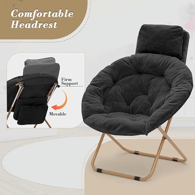 Athena Collection Comfy Saucer Chair with Headrest, Set of 2 Oversize Round Cozy Chair Folding Chair Faux Fur Metal Frame Foldable Reading Chair Accent Chair for Bedroom Living Room, Black