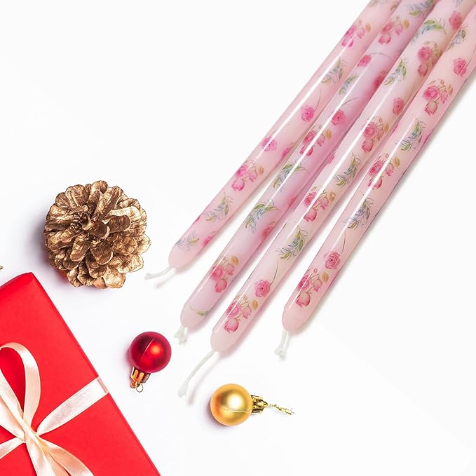 10 Inch Flower Taper Candles 4 Pcs Unscented, Smokeless, Dripless Long Tapered Candlesticks Candles for Mother's Day Birthday Dinner Dating Wedding Party Home Decor