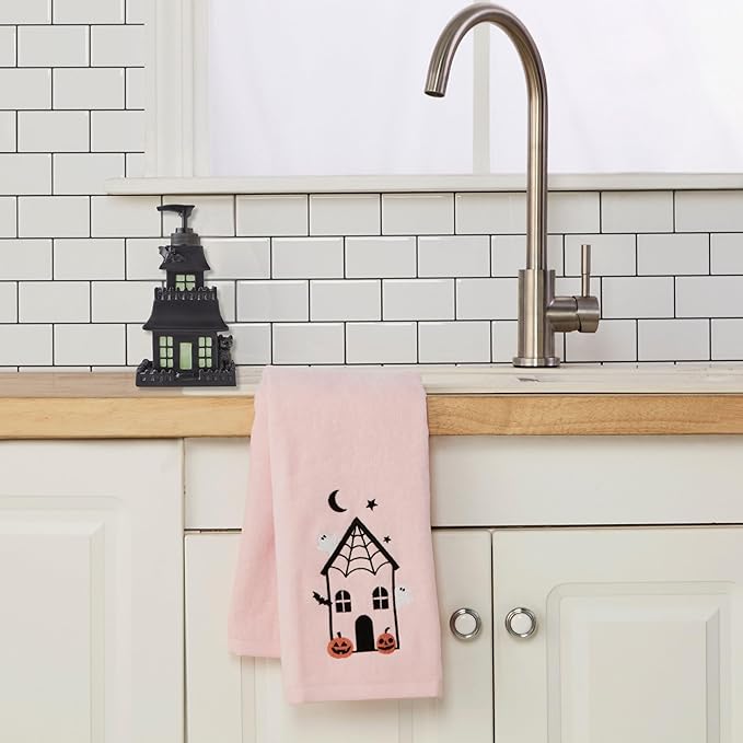 SKL Home Halloween Hang in There Bat 100% Cotton Embroidered 2pc Hand Towel Set, Decorative for Bath/Kitchen/Bar & Gift, Pink