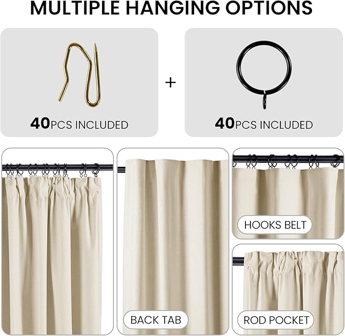 100% Blackout Curtains 96 inches Length Linen Blend Bedroom Curtains, Rod Pocket Back Tab Black Out Window Curtain Set Living Room Curtains, Full Blackout Curtains 2 Panels Drape, Beige