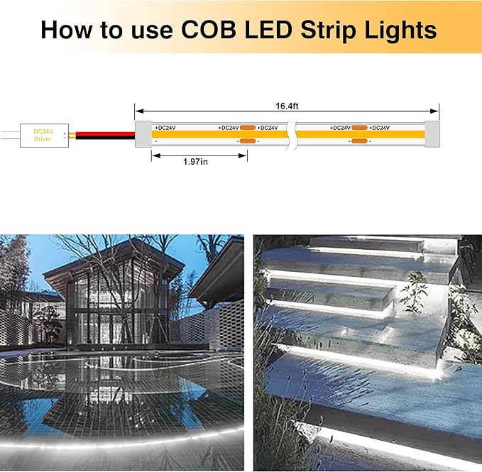 COB LED Strip Lights,24V Daylight White 6000K,Ip67 Waterproof led Light Strip,480LEDs/M,16.4ft/5M,CRI90+ Outdoor led Strip for Bathroom Decor,Pool,Garden(Power Not Included)