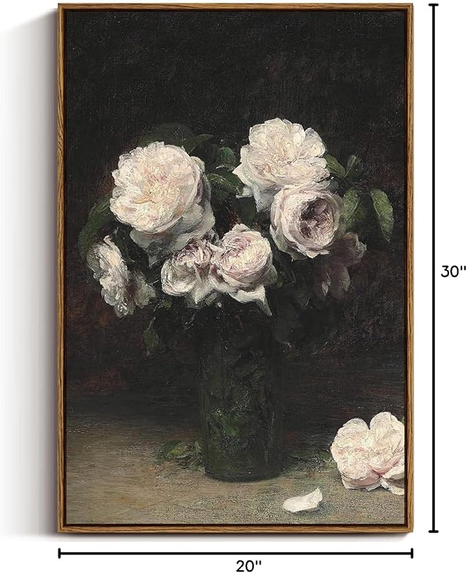 VIYYIEA Vintage Floral Large Framed Wall Art, Rose Flower Paintings Art Decor Room Aesthetic, Canvas Print Artwork, Retro Still Life Wall Pictures for Bedroom Bathroom Office, 20x30 Inch