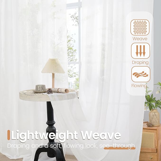 BGment White Linen Curtains 96 Inches Long for Living Room - Semi Sheer Light Filtering Drapes with Rod Pocket for Bedroom Floor Length Lightweight Rustic Window Treatments, 2 Panels Set, 52 X 96 Inch