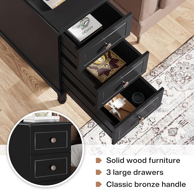 Tribesigns Solid Wood End Table, Fully Assembled Narrow Side Table with Drawers, Pre-Assembled Nightstand Slim Bedside Table for Small Spaces, Living Room, Bedroom, Black