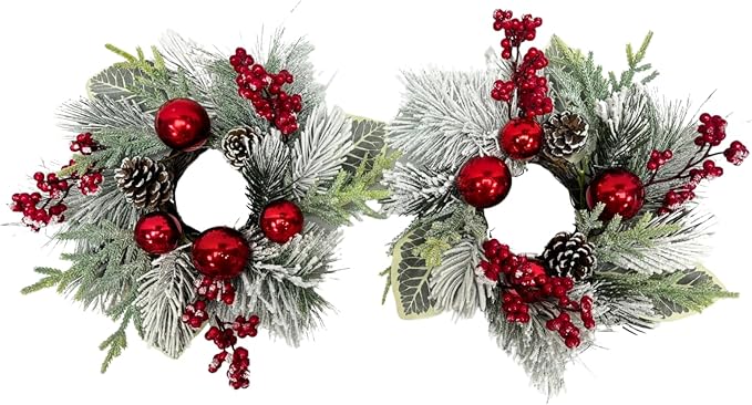 Christmas Candle Rings Wreaths(2 Pcs) Snow Flocked Candle Rings Pine Branches, Red Berries, Pinecones Pillars Candle Rings Christmas Table Centerpiece for Front Door Window Wall Decor