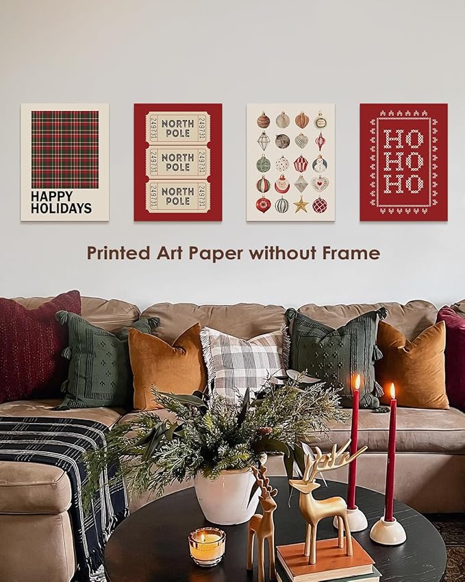 Wheatwin Christmas Wall Art Prints Set of 4, Trendy North Pole Wall Posters Aesthetic, Happy Holidays Winter Xmas Decor for Bathroom Farmhouse Living Room Bedroom, 12x16 (Unframed)