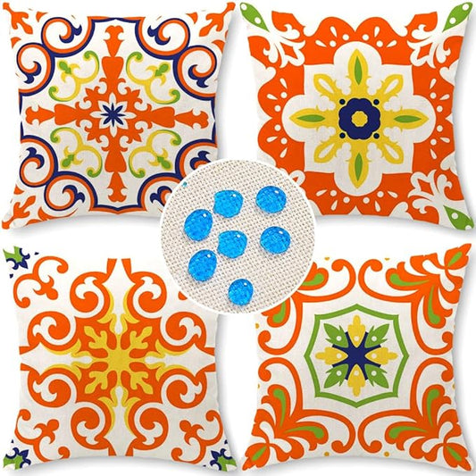 Cirzone Outdoor Pillow Covers 18x18 Set of 4 Morden Orange Geometric Patterns Waterproof Throw Outdoor Pillows Boho Decorations for Funiture Patio Garden Home
