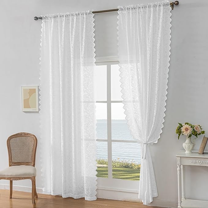 96-Inch Pure White Lace Sheer Curtains – Vintage Floral Lace for Bedroom/Living Room, Light Filtering Rod Pocket Drapes, Privacy Chic Window Treatments, 52W x 96L Inch, 2-Panel Set